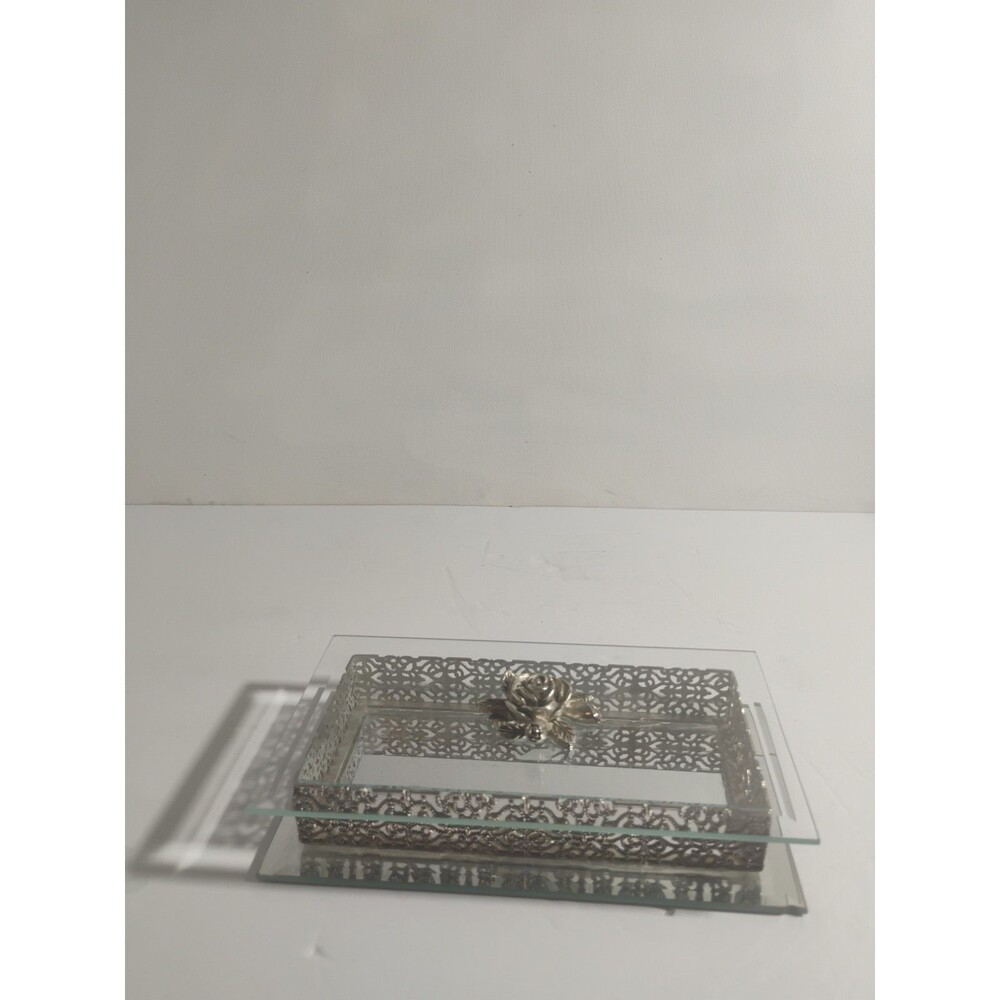 Vintage Studio Silversmiths Rose Filigree Beveled Glass Mirrored Jewelry Box